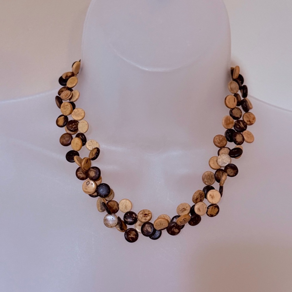 NWOT Natural Disk Bead Double-Strand Necklace in Brown and Tan